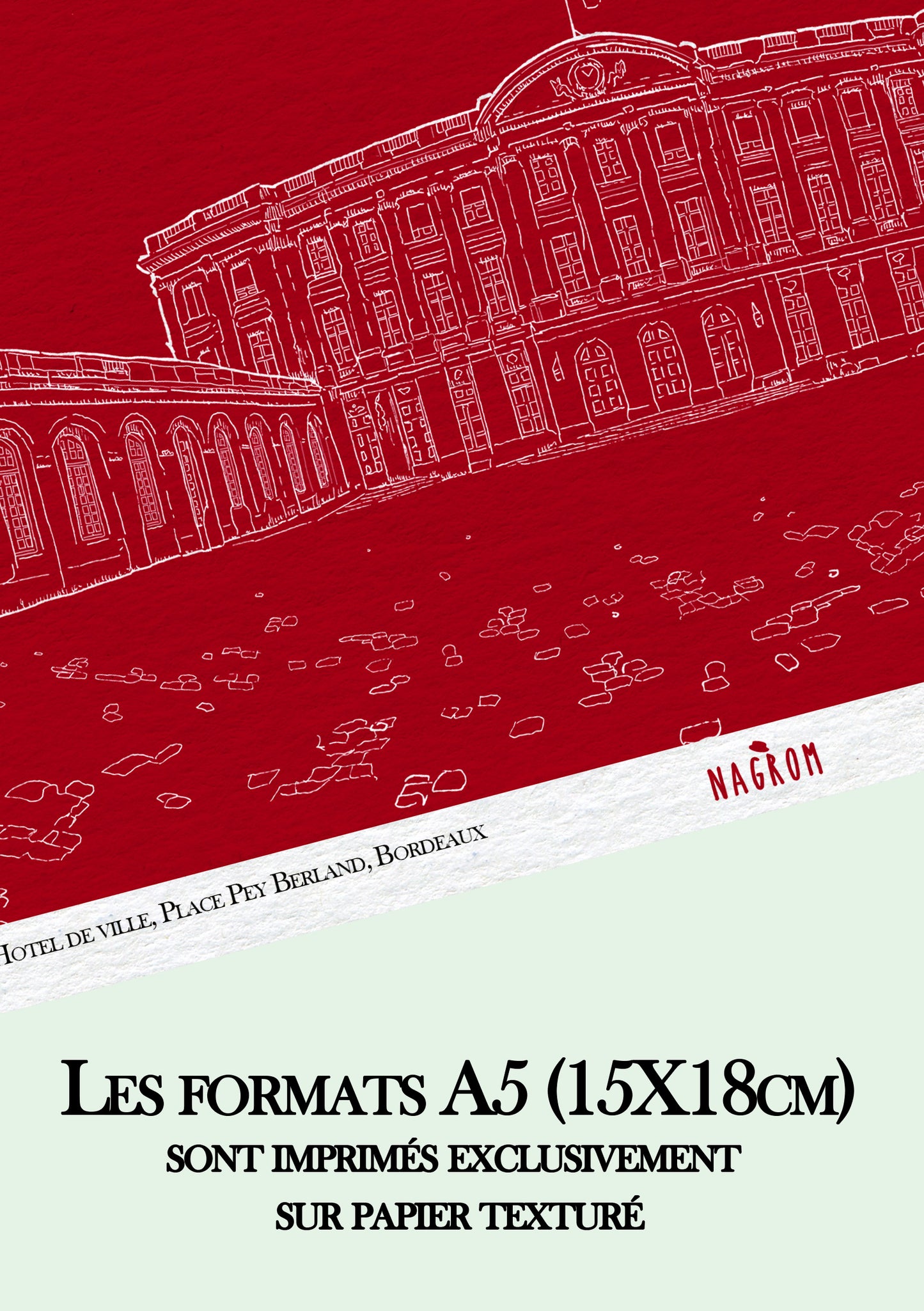 L'Hôtel de ville Place Pey Berland en blanc sur fond bordeaux uni, Bordeaux