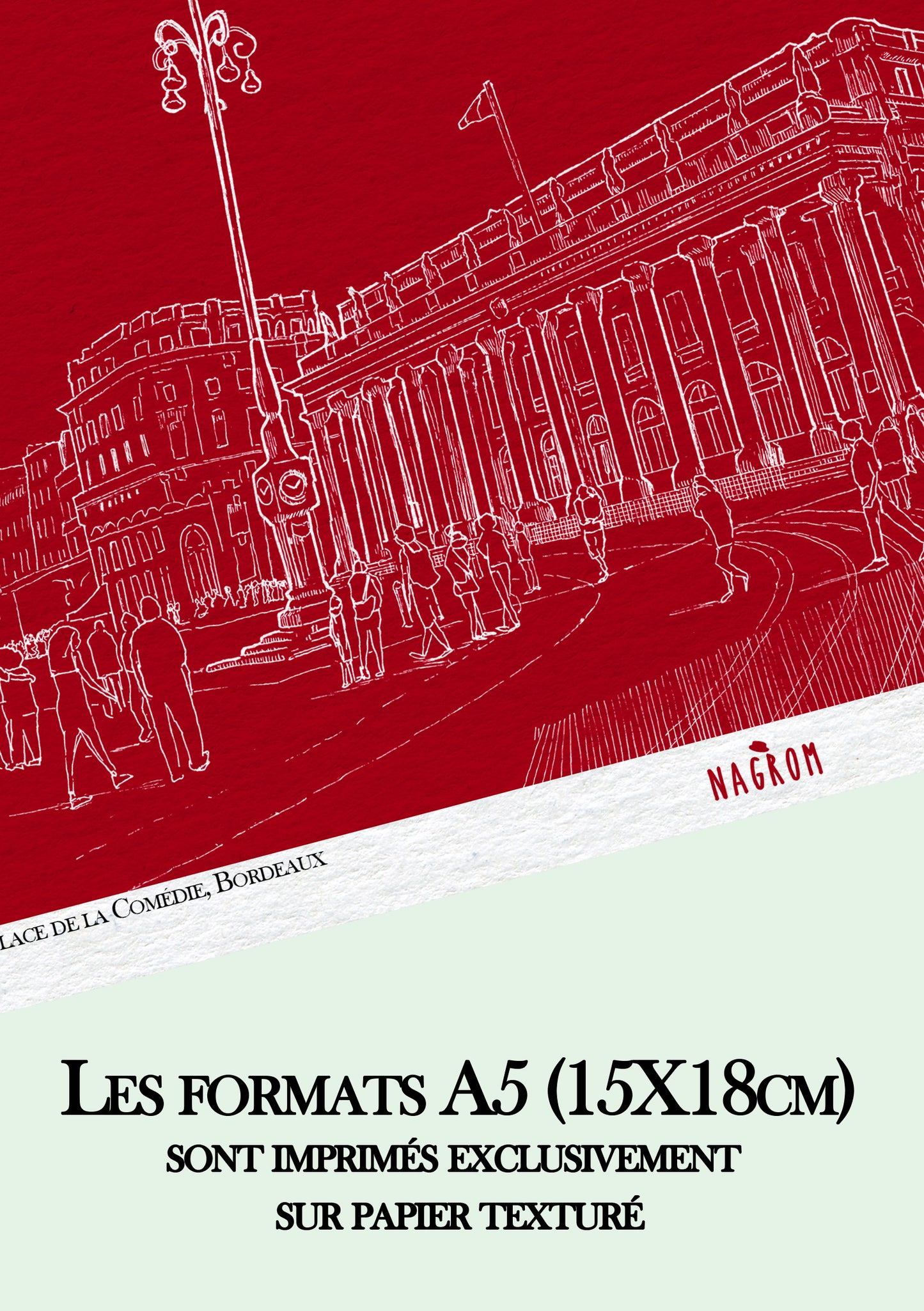 Place de la Comédie en blanc sur fond bordeaux uni, Bordeaux