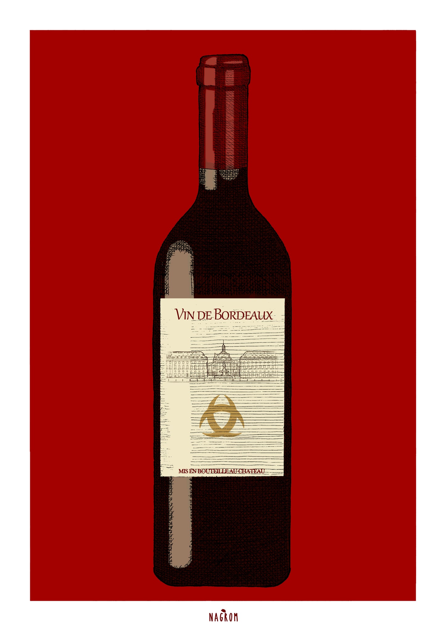 Bouteille de Vin de Bordeaux, sur fond bordeaux