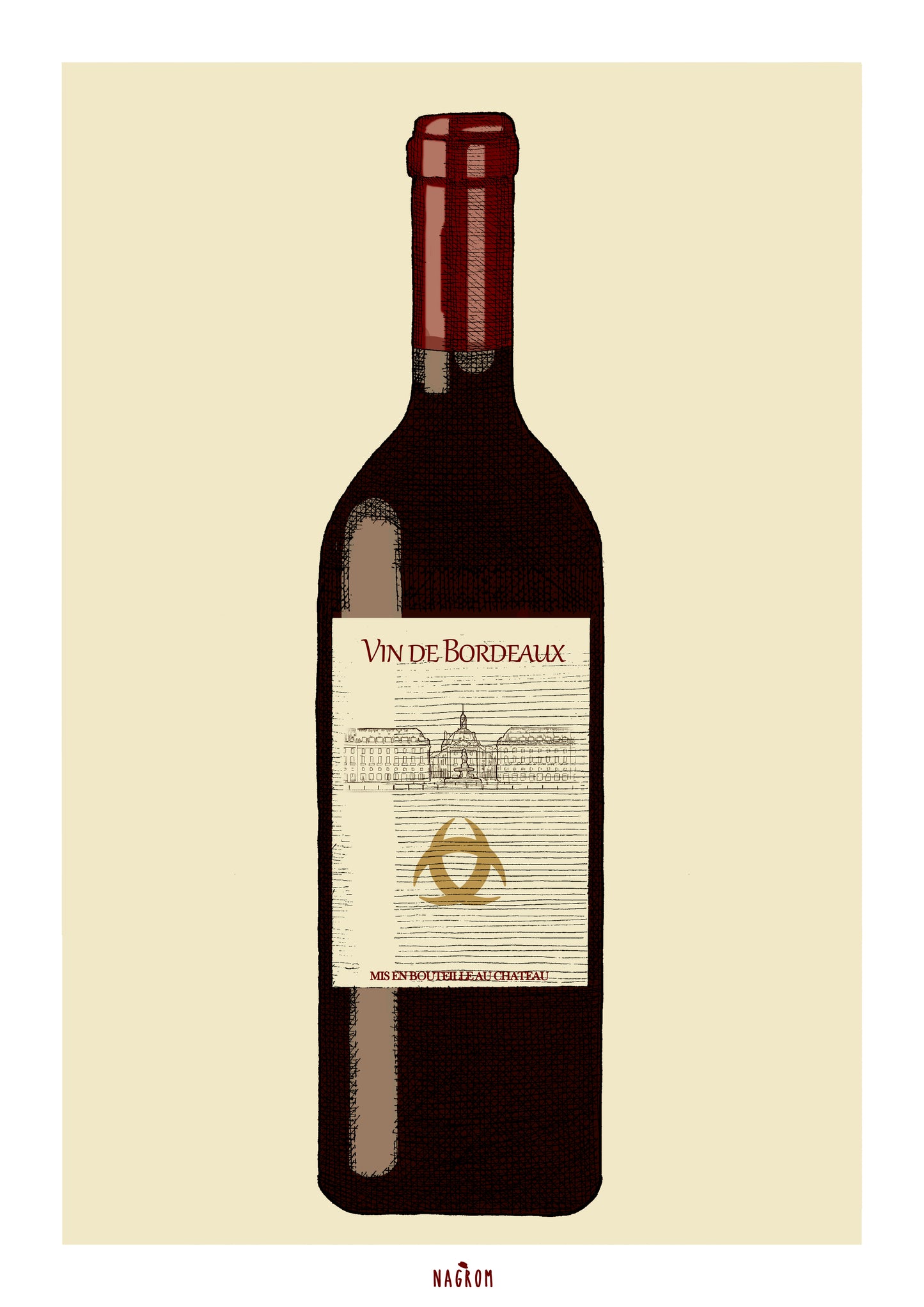 Bouteille de Vin de Bordeaux, sur fond beige