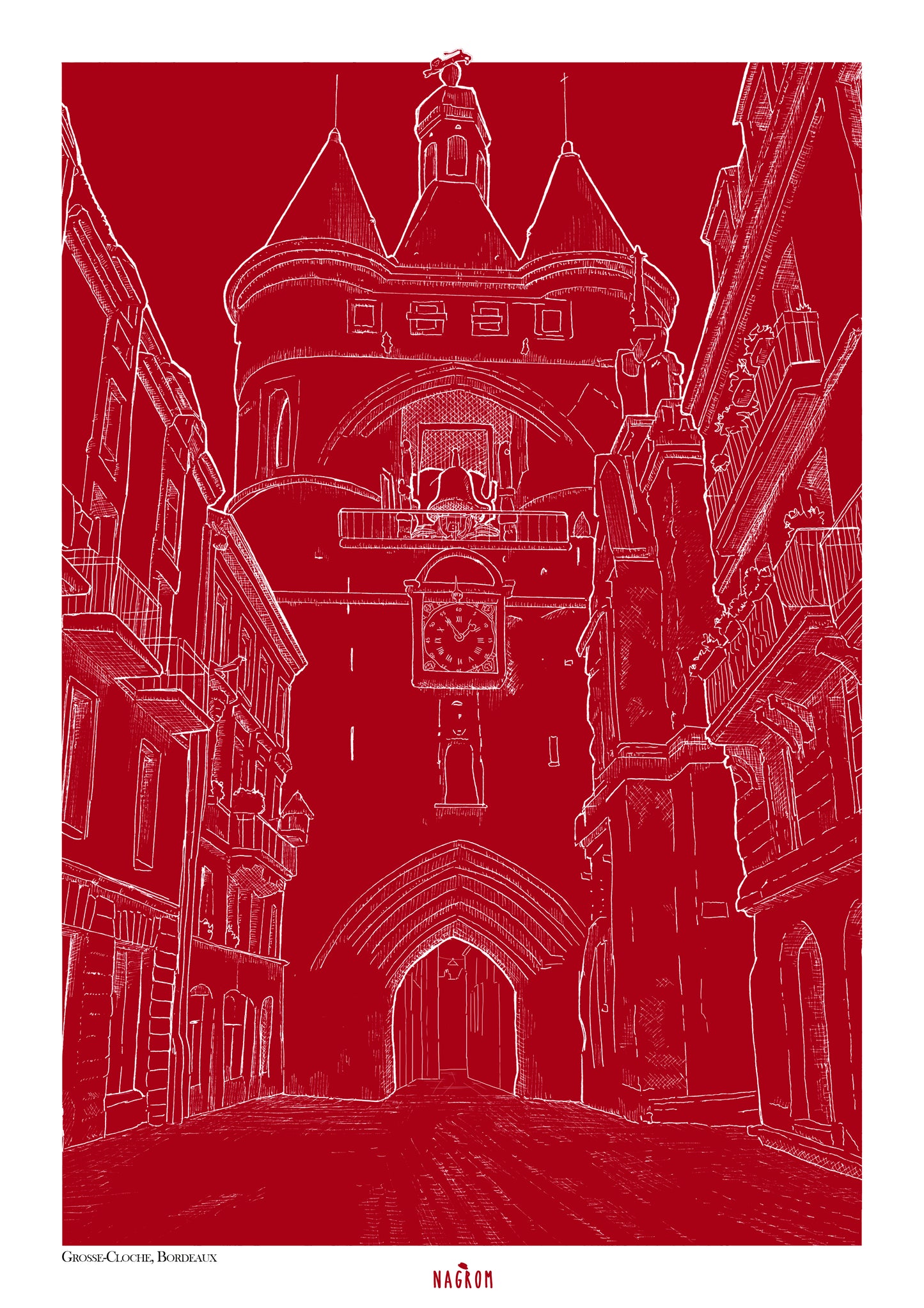 La Grosse Cloche en blanc sur fond bordeaux uni, Bordeaux