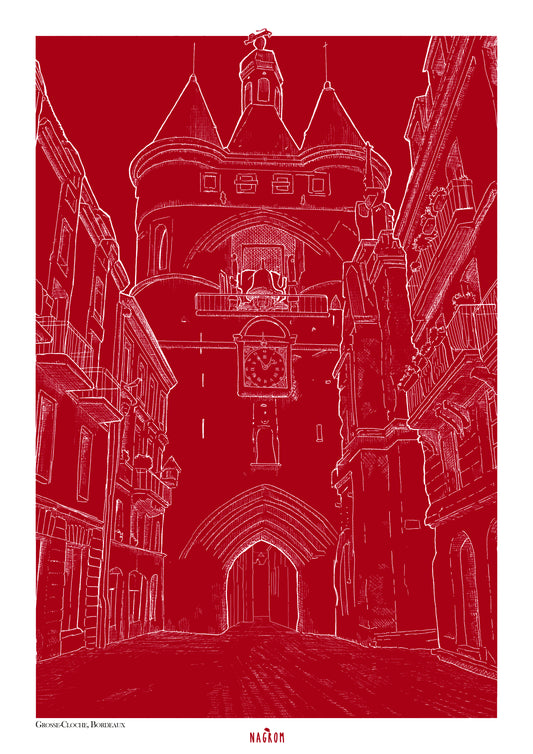 La Grosse Cloche en blanc sur fond bordeaux uni, Bordeaux