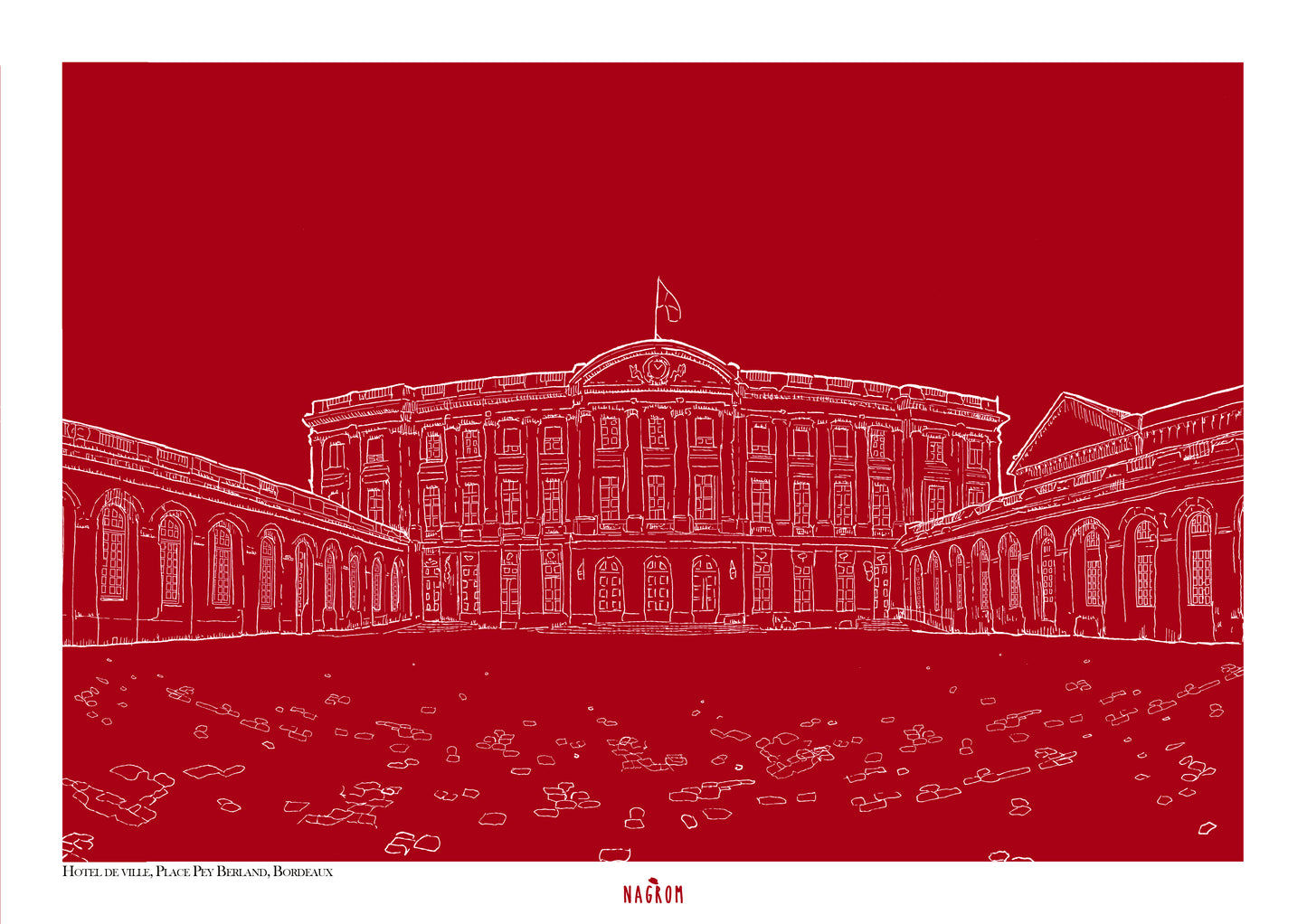 L'Hôtel de ville Place Pey Berland en blanc sur fond bordeaux uni, Bordeaux
