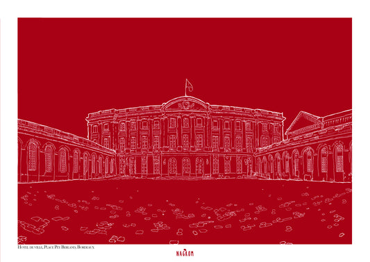 L'Hôtel de ville Place Pey Berland en blanc sur fond bordeaux uni, Bordeaux