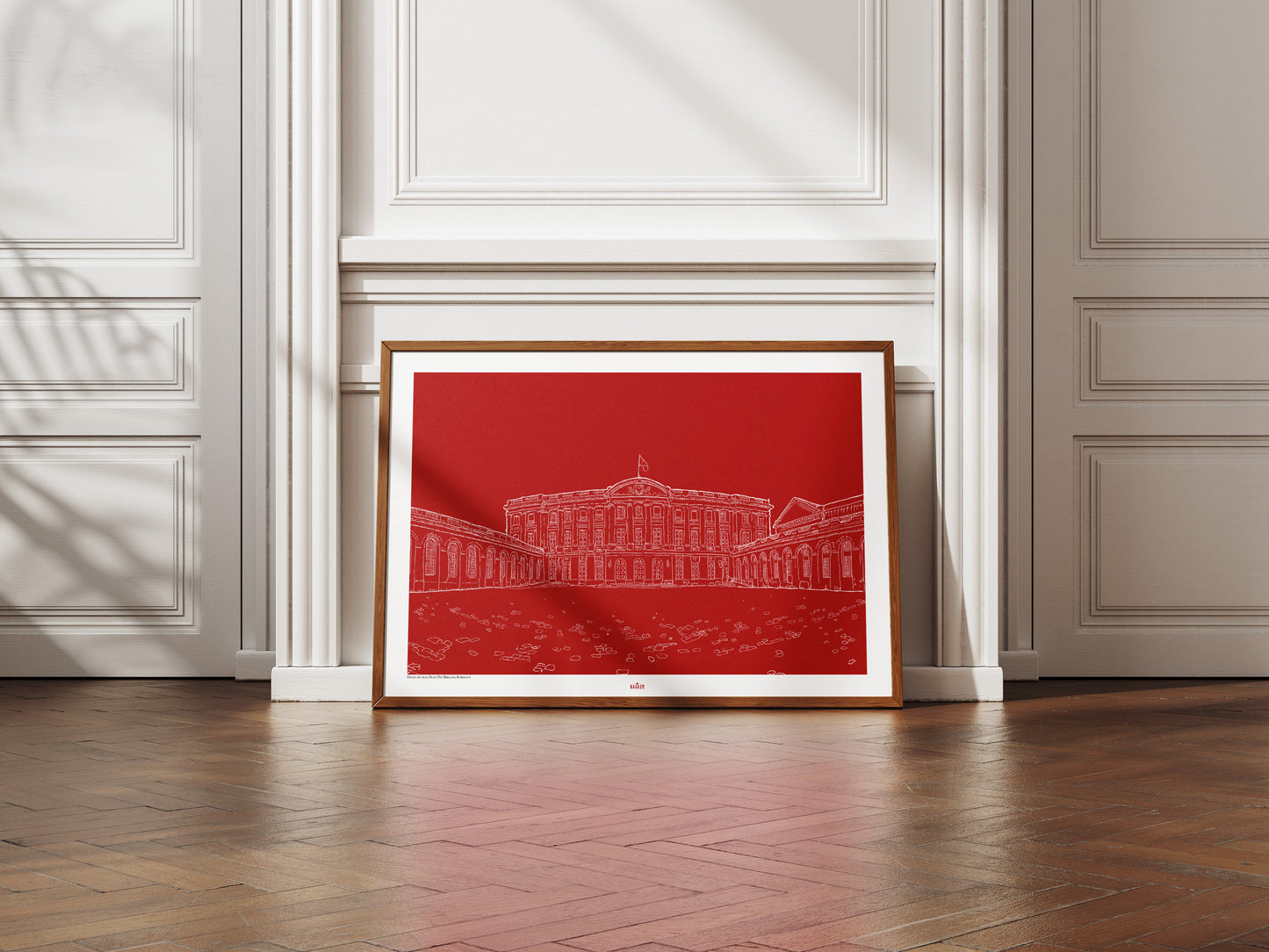 L'Hôtel de ville Place Pey Berland en blanc sur fond bordeaux uni, Bordeaux