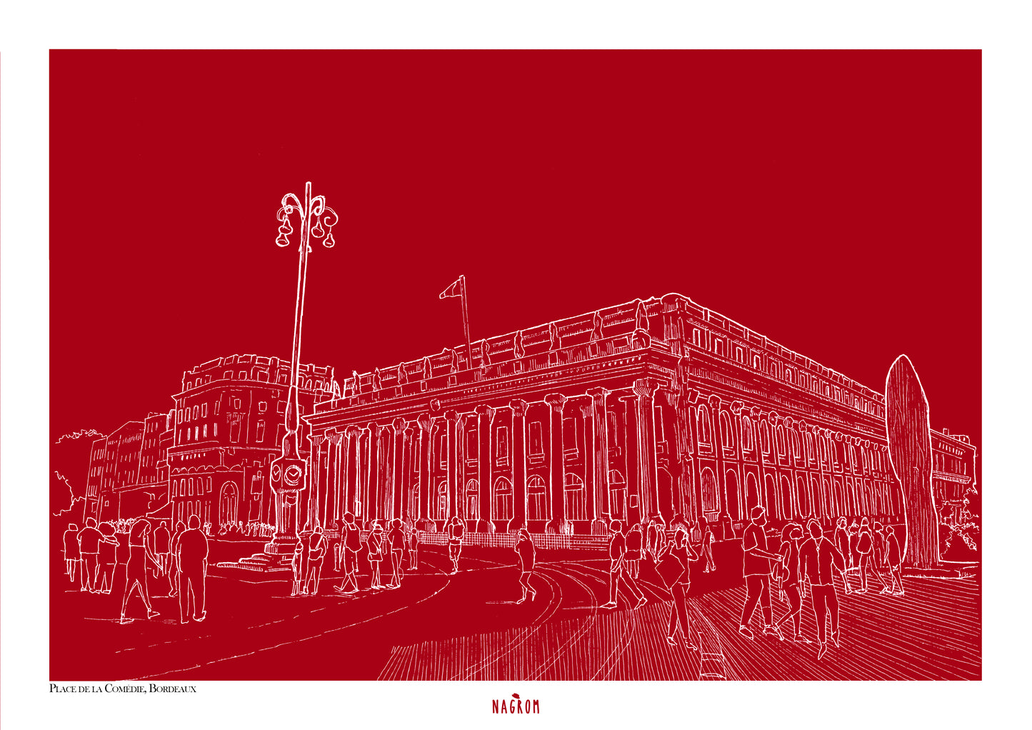 Place de la Comédie en blanc sur fond bordeaux uni, Bordeaux