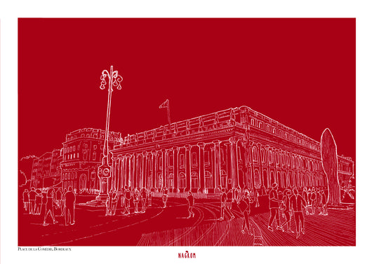 Place de la Comédie en blanc sur fond bordeaux uni, Bordeaux